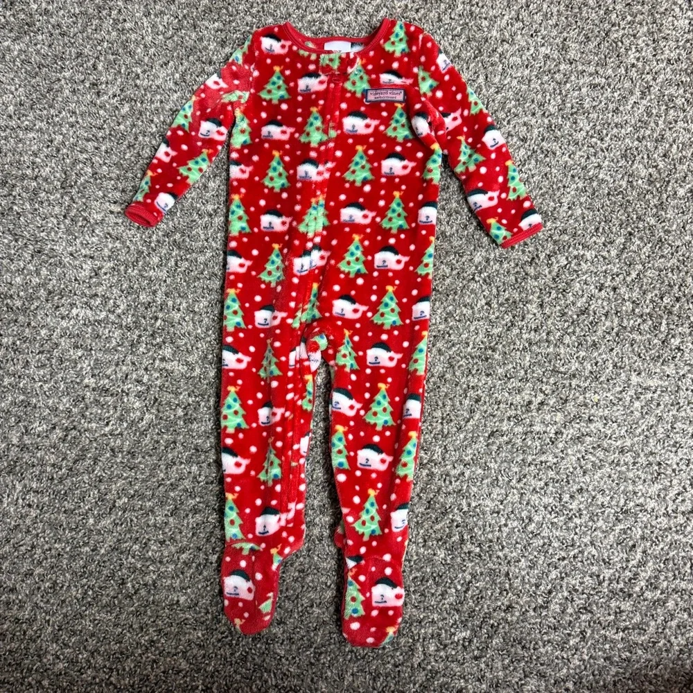 Vineyard Vines Red Christmas Tree & Snowman Kids Footed Pajamas